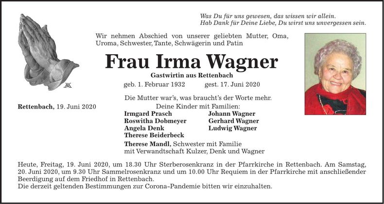 Traueranzeige Irma Wagner