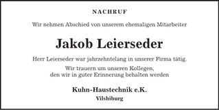 Traueranzeige Jakob Leierseder