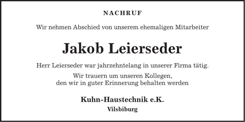 Traueranzeige Jakob Leierseder