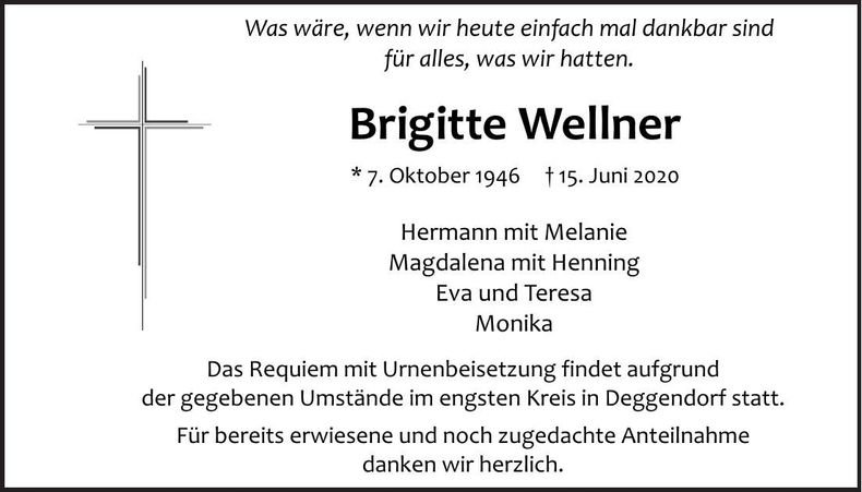 Traueranzeige Brigitte Wellner