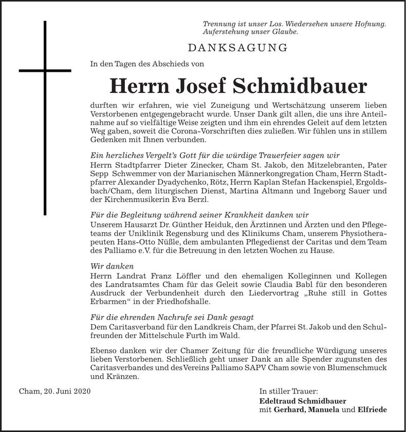 Traueranzeige Josef Schmidbauer