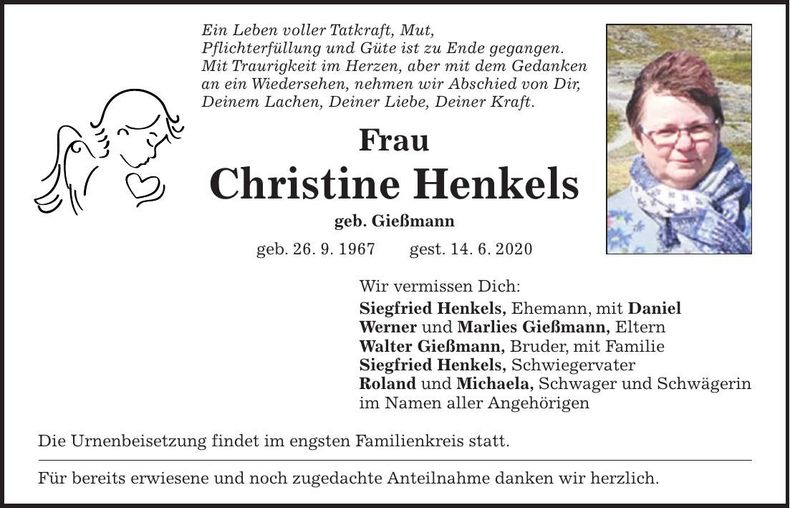 Traueranzeige Christine Henkels