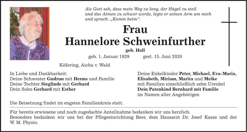 Traueranzeige Hannelore Schweinfurther