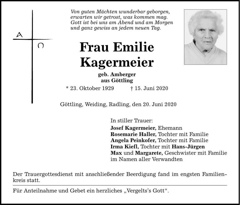 Traueranzeige Emilie Kagermeier