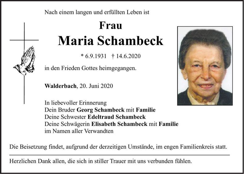 Traueranzeige Maria Schambeck