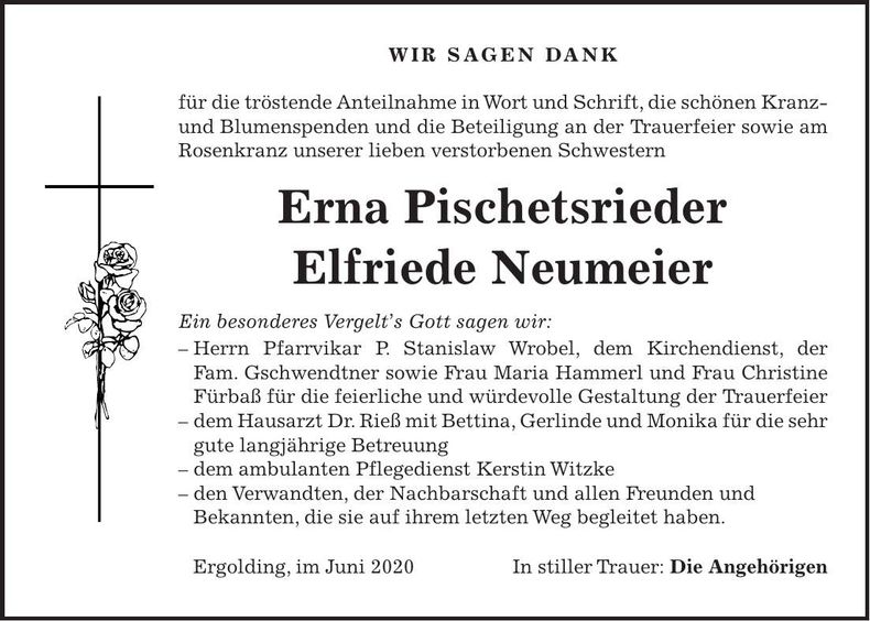 Traueranzeige Erna, Elfriede Pitschetsrieder, Neumeier