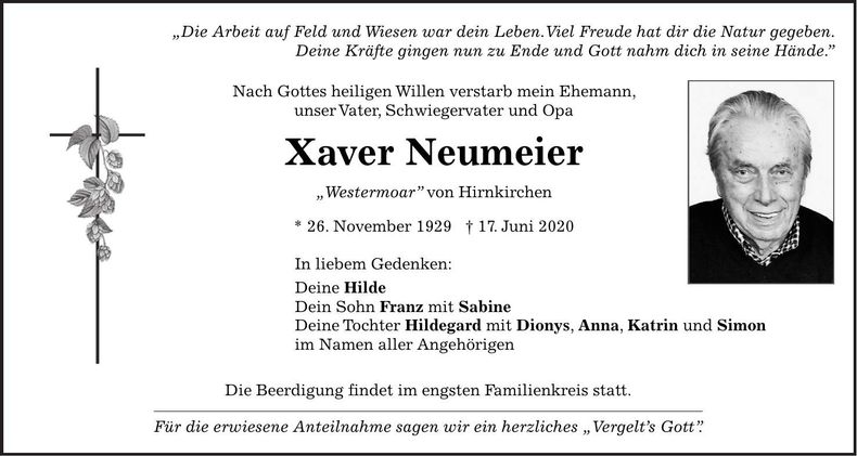 Traueranzeige Xaver Neumeier