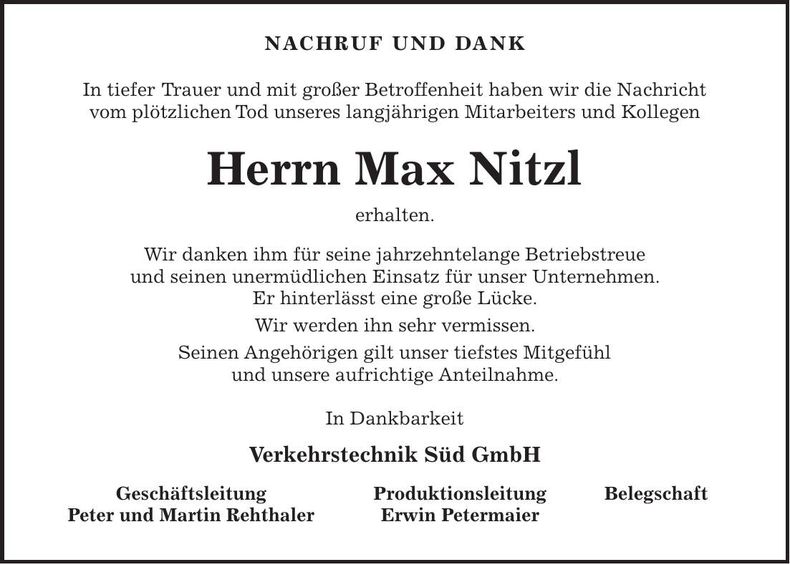 Traueranzeige Max Nitzl