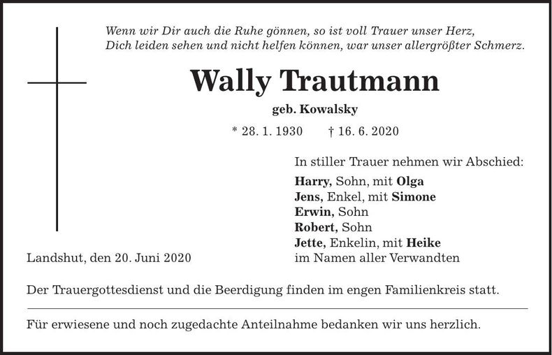 Traueranzeige Wally Trautmann