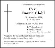 Traueranzeige Emma Glöbl