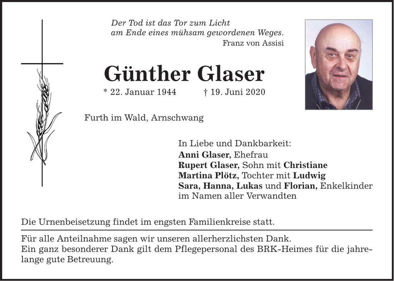 Traueranzeige Günther Glaser