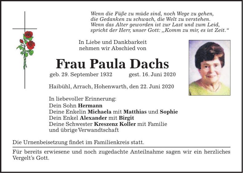 Traueranzeige Paula Dachs