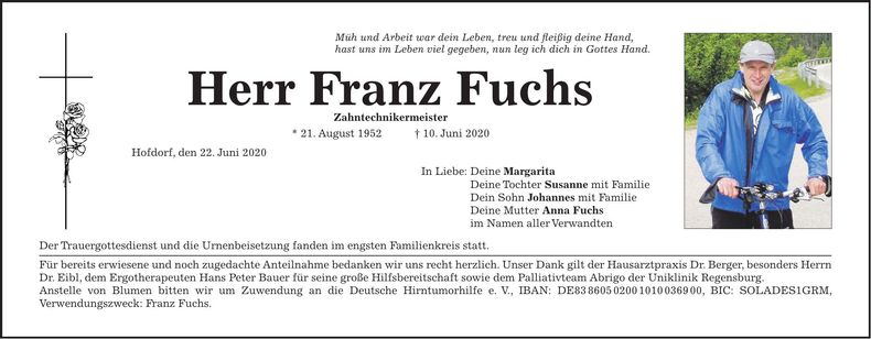 Traueranzeige Franz Fuchs