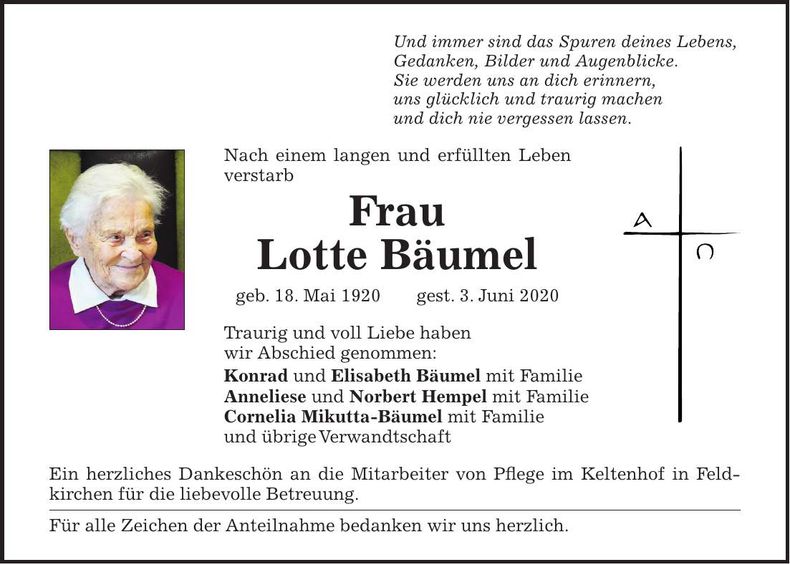 Traueranzeige Lotte Bäumel