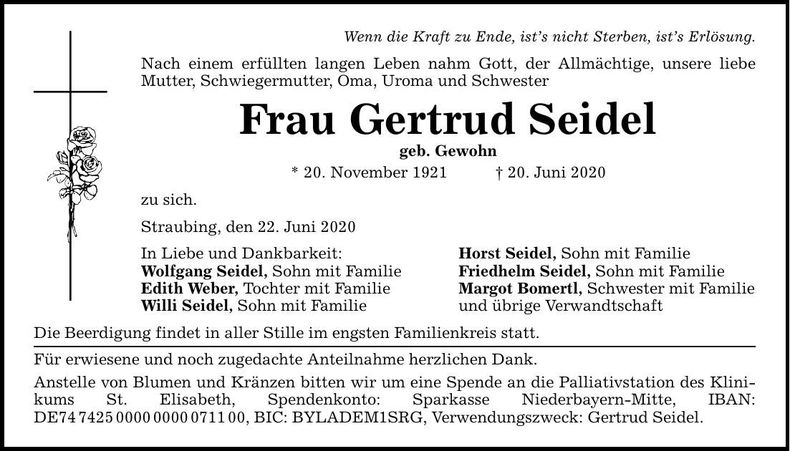 Traueranzeige Gertrud Seidel