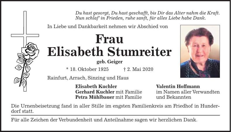 Traueranzeige Elisabeth Stumreiter