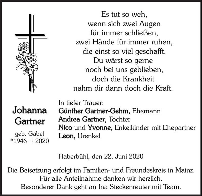 Traueranzeige Johanna Gartner