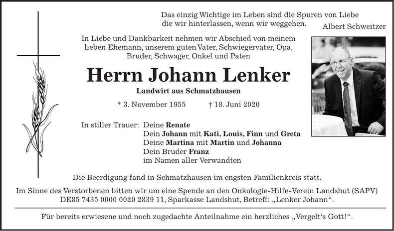 Traueranzeige Johann Lenker