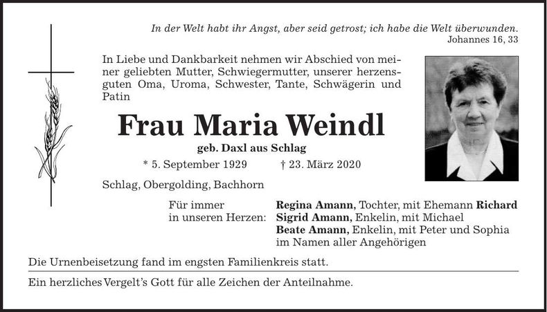 Traueranzeige Maria Weindl