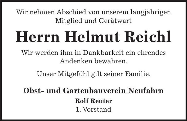 Traueranzeige Helmut Reichl