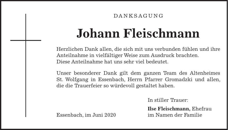 Traueranzeige Johann Fleischmann