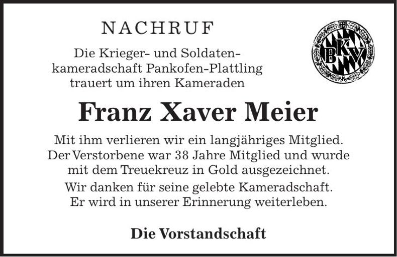 Traueranzeige Franz  Xaver Meier