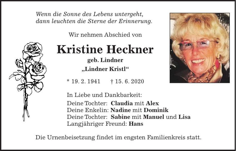 Traueranzeige Kristine Heckner