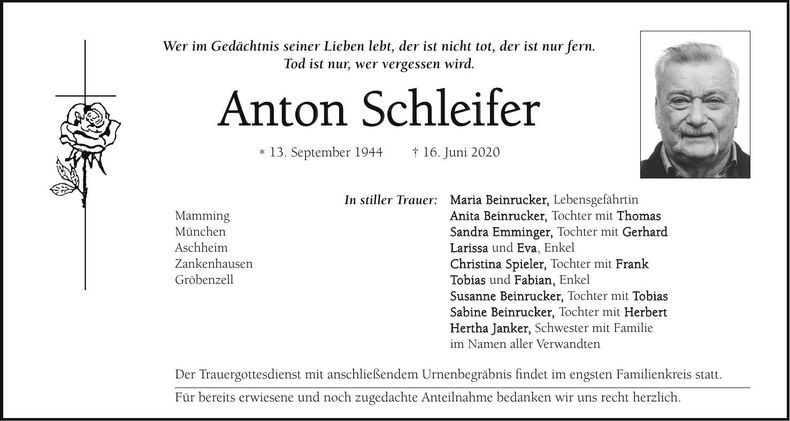 Traueranzeige Anton Schleifer