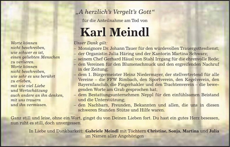 Traueranzeige Karl Meindl
