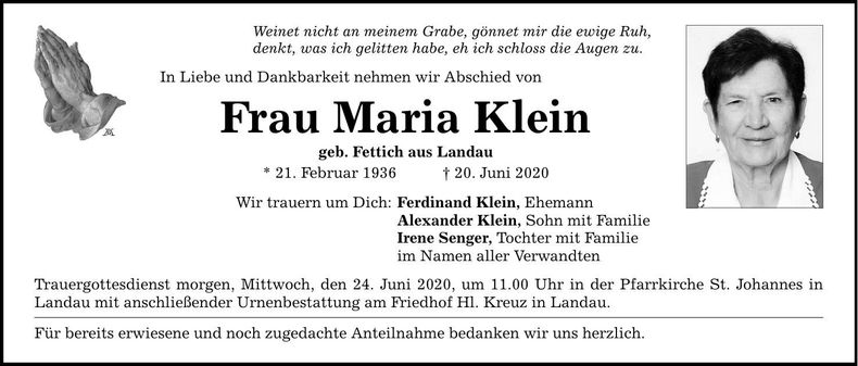 Traueranzeige Maria Klein