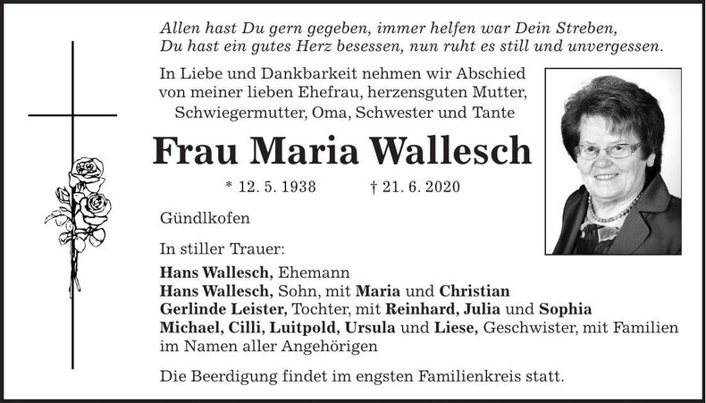 Traueranzeige Maria Wallesch