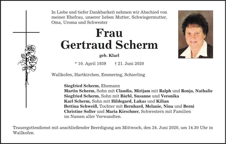 Traueranzeige Gertraud Scherm