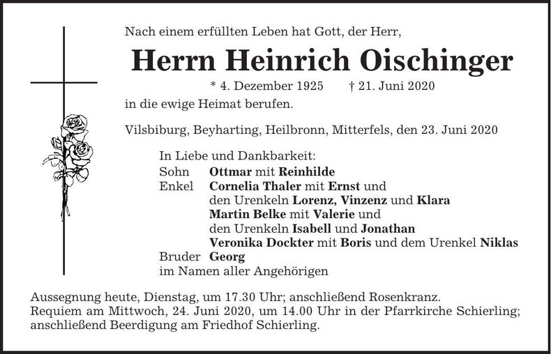 Traueranzeige Heinrich Oischinger