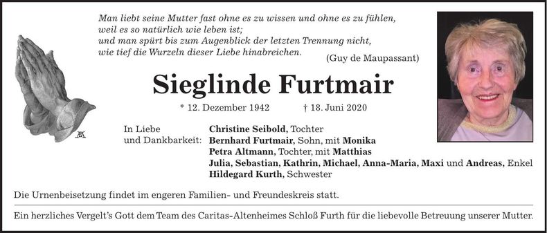 Traueranzeige Sieglinde Furtmair