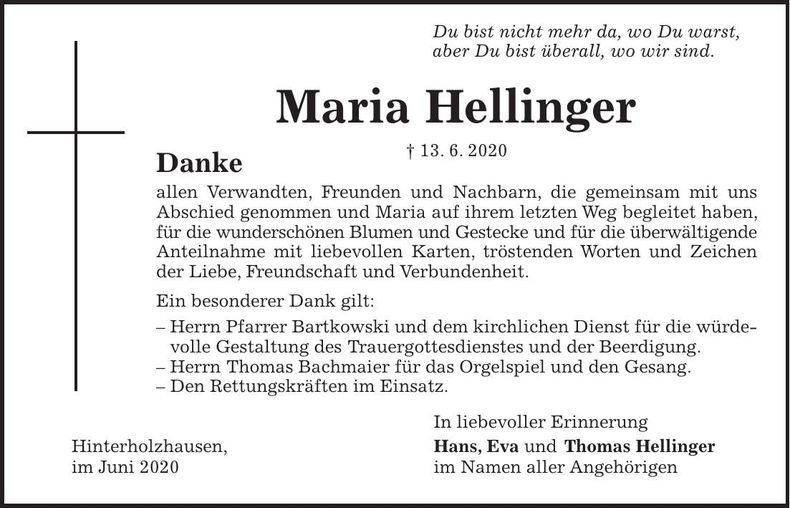 Traueranzeige Maria Hellinger