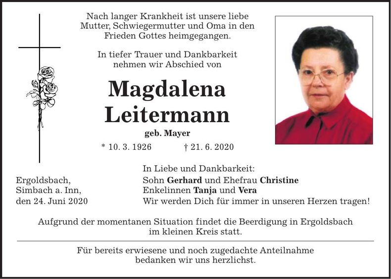 Traueranzeige Magdalena Leitermann
