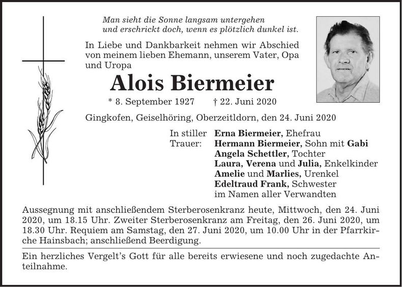 Traueranzeige Alois Biermeier