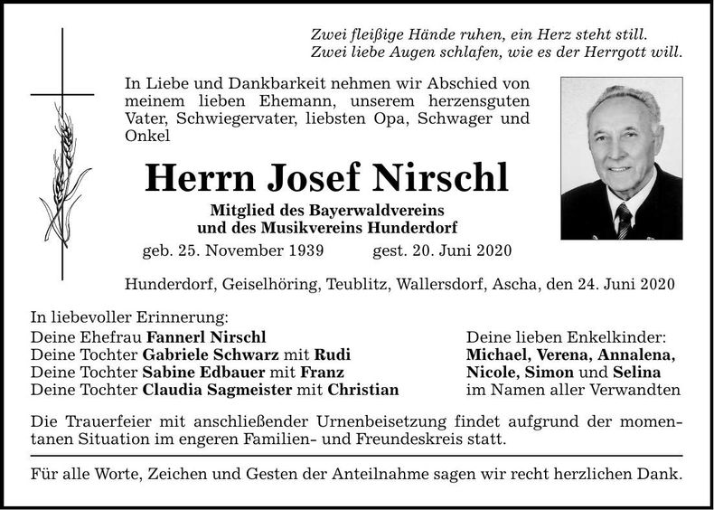 Traueranzeige Josef Nirschl
