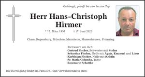 Traueranzeige Hans-Christoph Hirmer