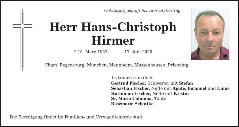 Traueranzeige Hans-Christoph Hirmer