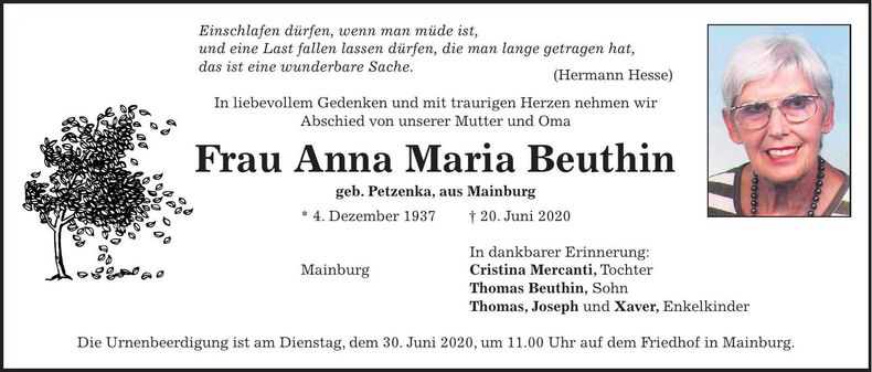 Traueranzeige Anna Maria Beuthin