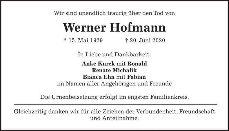 Traueranzeige Werner Hofmann