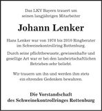 Traueranzeige Johann Lenker