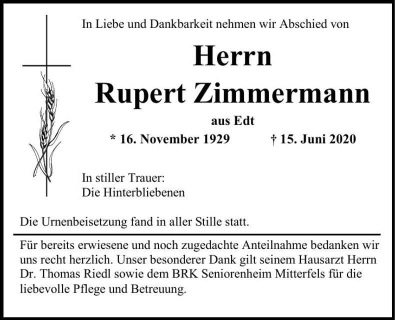 Traueranzeige Rupert Zimmermann