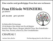 Traueranzeige Elfriede Weinzierl