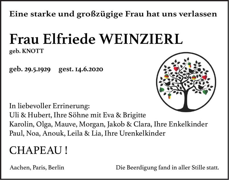 Traueranzeige Elfriede Weinzierl