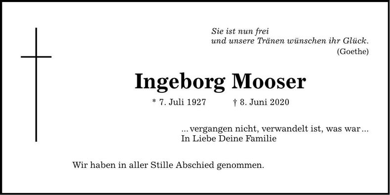 Traueranzeige Ingeborg Mooser
