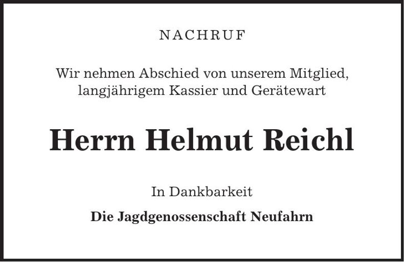 Traueranzeige Helmut Reichl