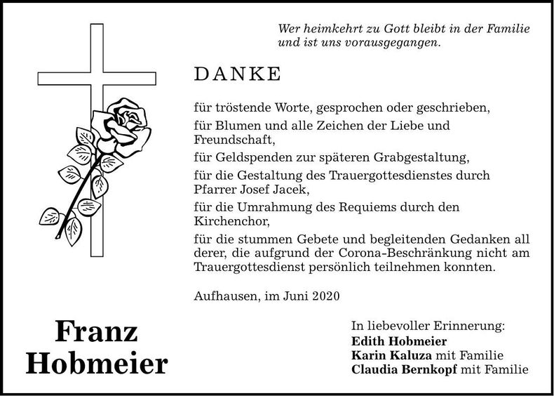 Traueranzeige Franz Hobmeier