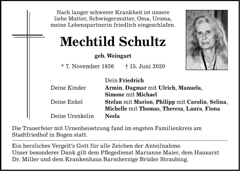 Traueranzeige Mechthild Schultz